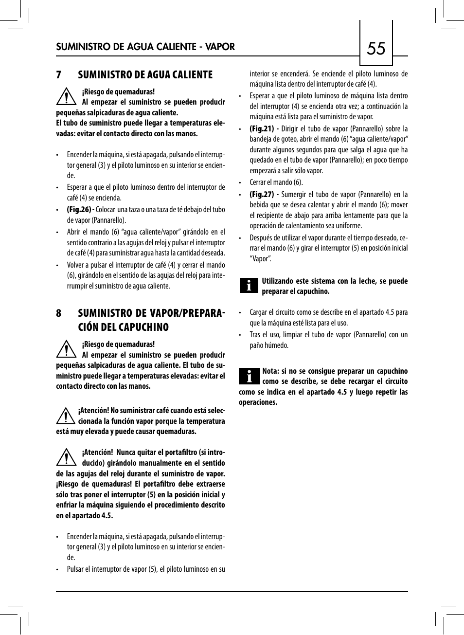 7suministro de agua caliente, 8suministro de vapor/prepara ción del capuchino | Philips 711412008 User Manual | Page 55 / 84