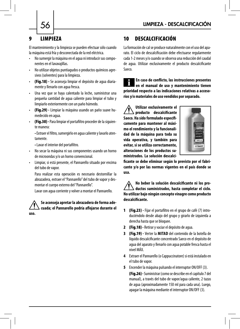 9 limpieza, 10 descalcificación | Philips 711412008 User Manual | Page 56 / 84