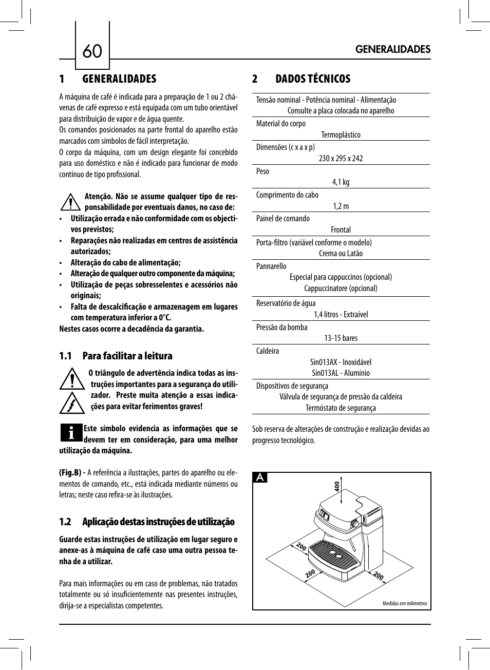 1 generalidades, 2 dados técnicos | Philips 711412008 User Manual | Page 60 / 84