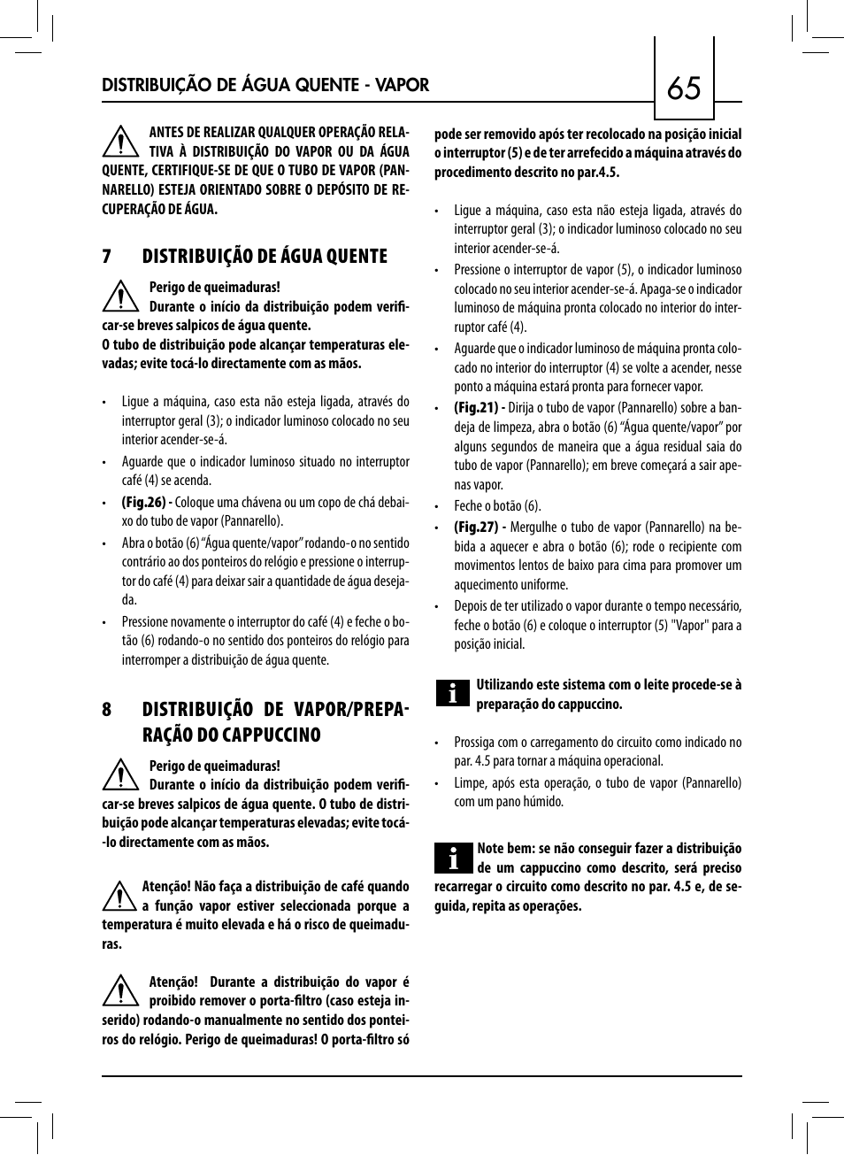 7distribuição de água quente, 8distribuição de vapor/prepa ração do cappuccino | Philips 711412008 User Manual | Page 65 / 84