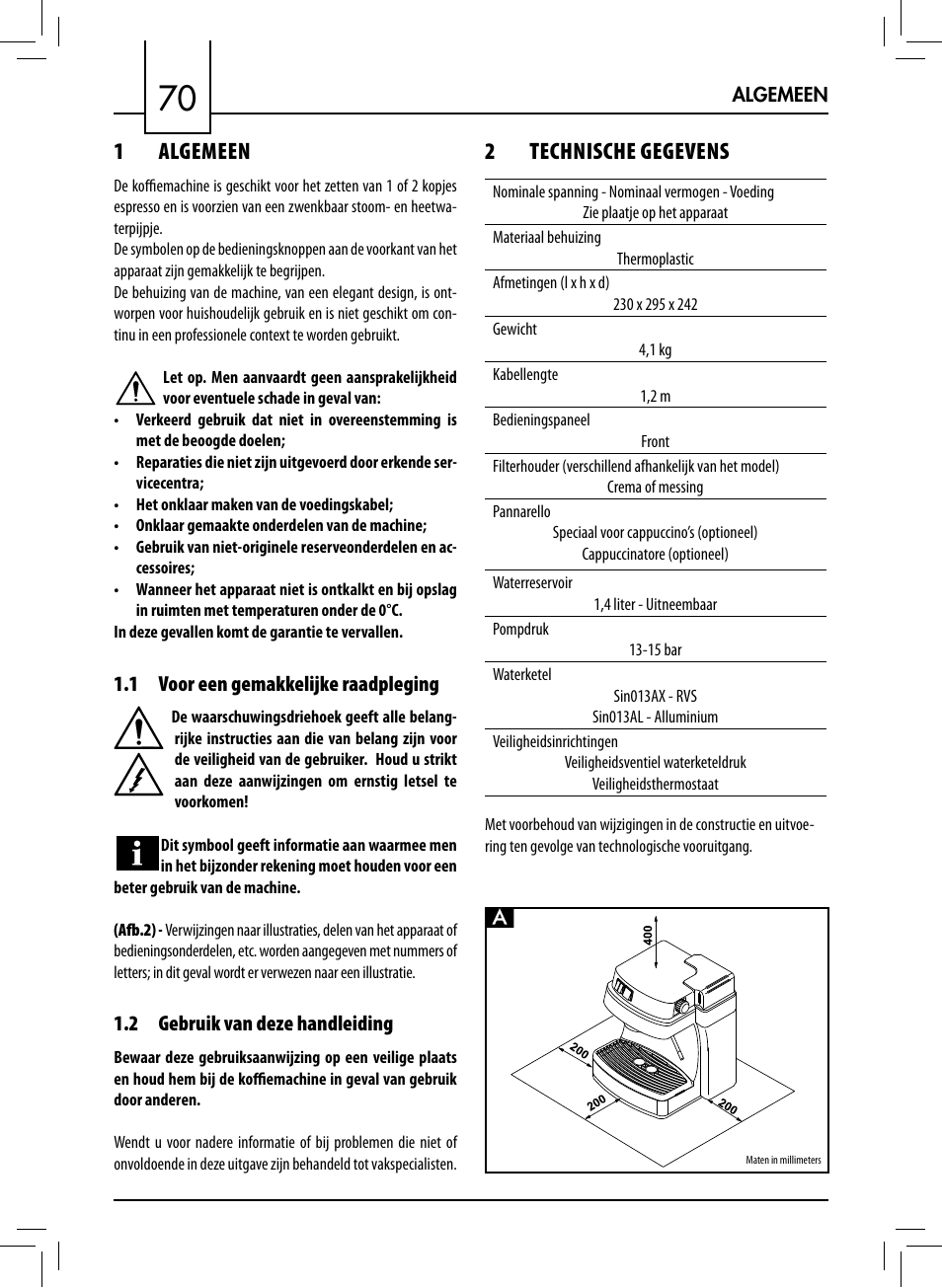 1 algemeen, 2 technische gegevens | Philips 711412008 User Manual | Page 70 / 84