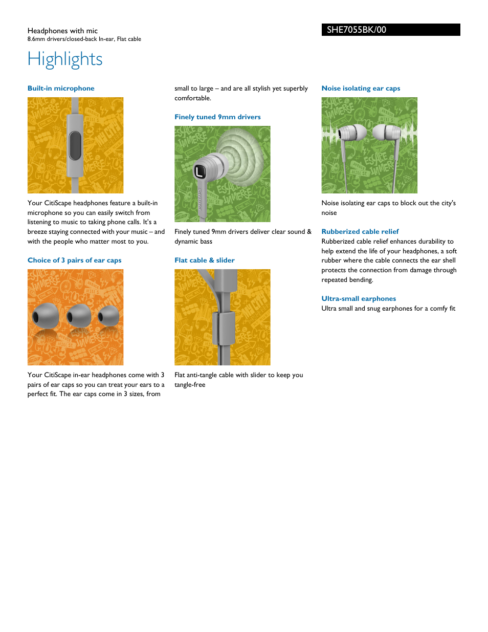 Highlights | Philips SHE7055BK-00 User Manual | Page 2 / 3