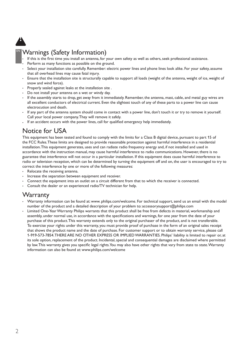 Warnings (safety information), Notice for usa, Warranty | Philips SDV4310-27 User Manual | Page 2 / 11