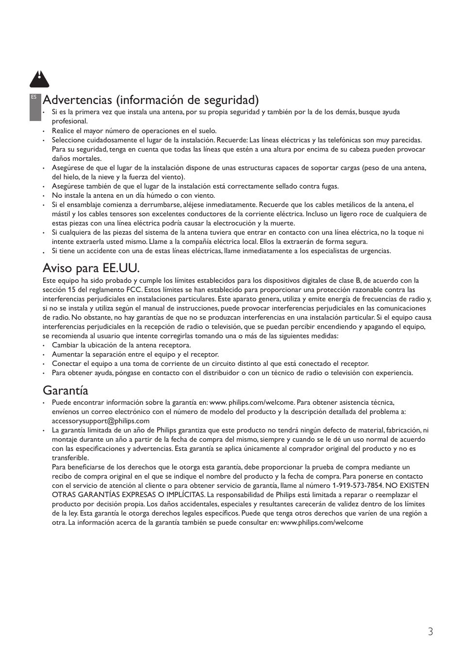 Advertencias (información de seguridad), Aviso para ee.uu, Garantía | Philips SDV4310-27 User Manual | Page 3 / 11