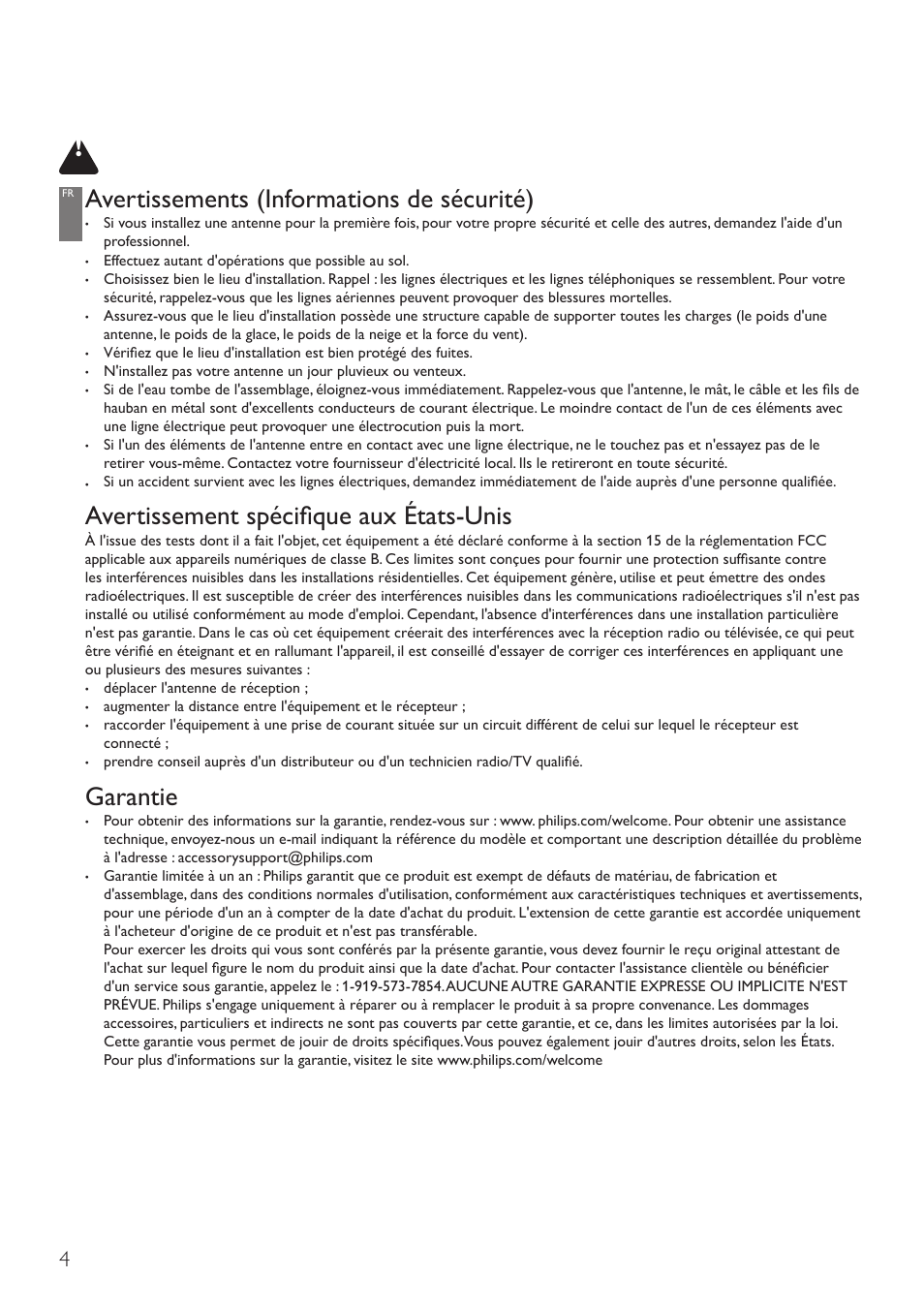 Avertissements (informations de sécurité), Avertissement spécifique aux états-unis, Garantie | Philips SDV4310-27 User Manual | Page 4 / 11