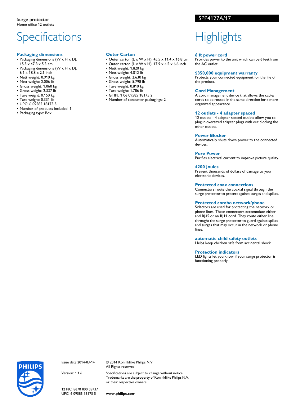 Specifications, Highlights | Philips SPP4127A-17 User Manual | Page 2 / 2