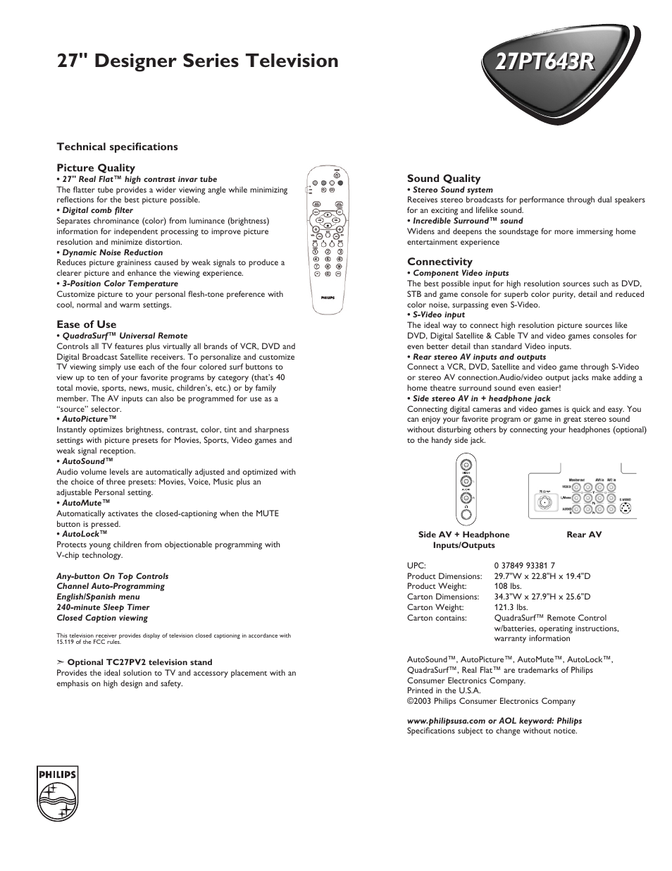 27" designer series television | Philips 27PT643R User Manual | Page 2 / 2