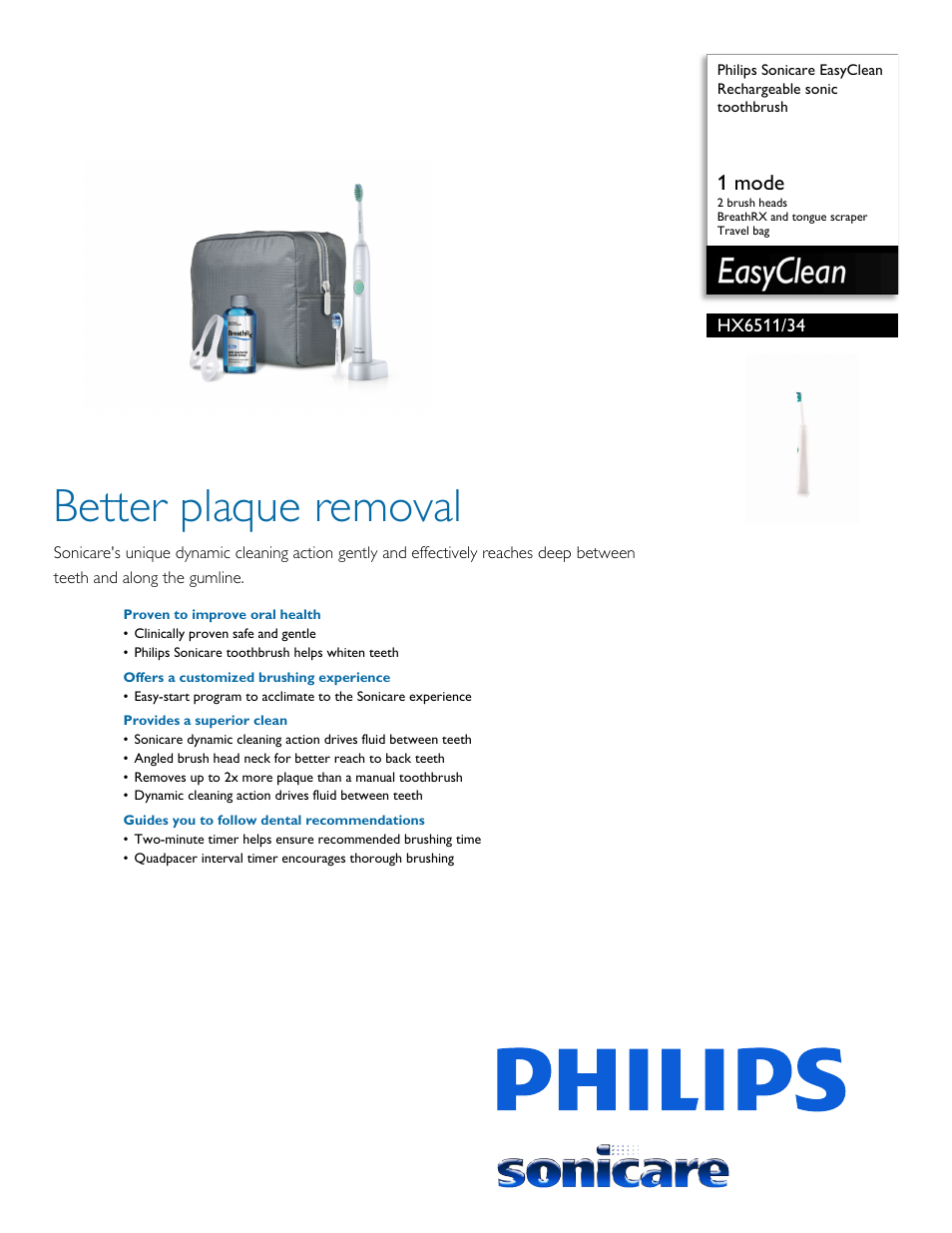 Philips Sonicare EasyClean Rechargeable sonic toothbrush HX6511-34 1 mode 2 brush heads BreathRX and tongue scraper Travel bag User Manual | 2 pages