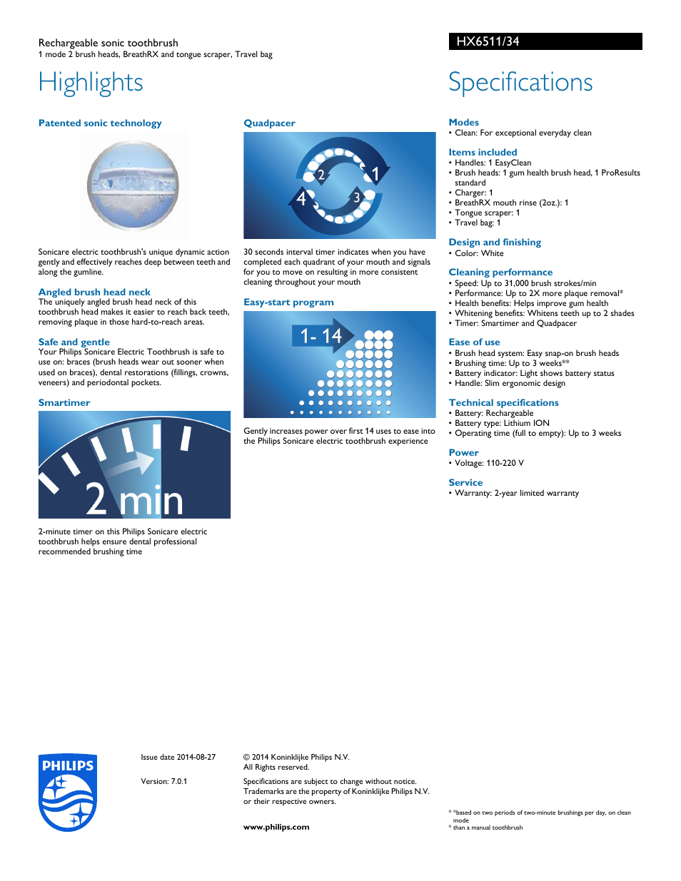 Highlights, Specifications | Philips Sonicare EasyClean Rechargeable sonic toothbrush HX6511-34 1 mode 2 brush heads BreathRX and tongue scraper Travel bag User Manual | Page 2 / 2