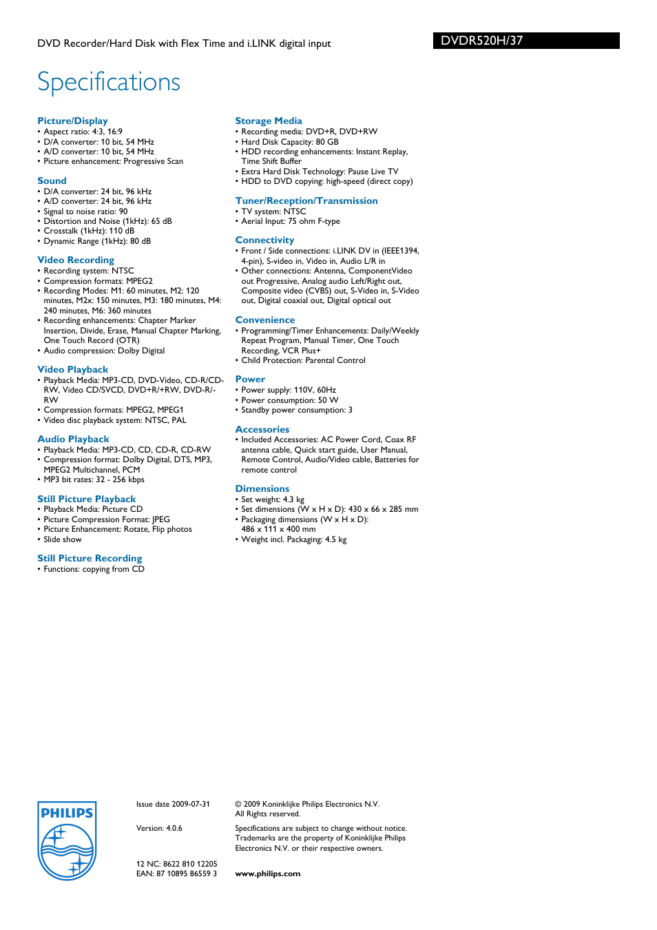 Specifications | Philips DVDR520H-37 User Manual | Page 3 / 3