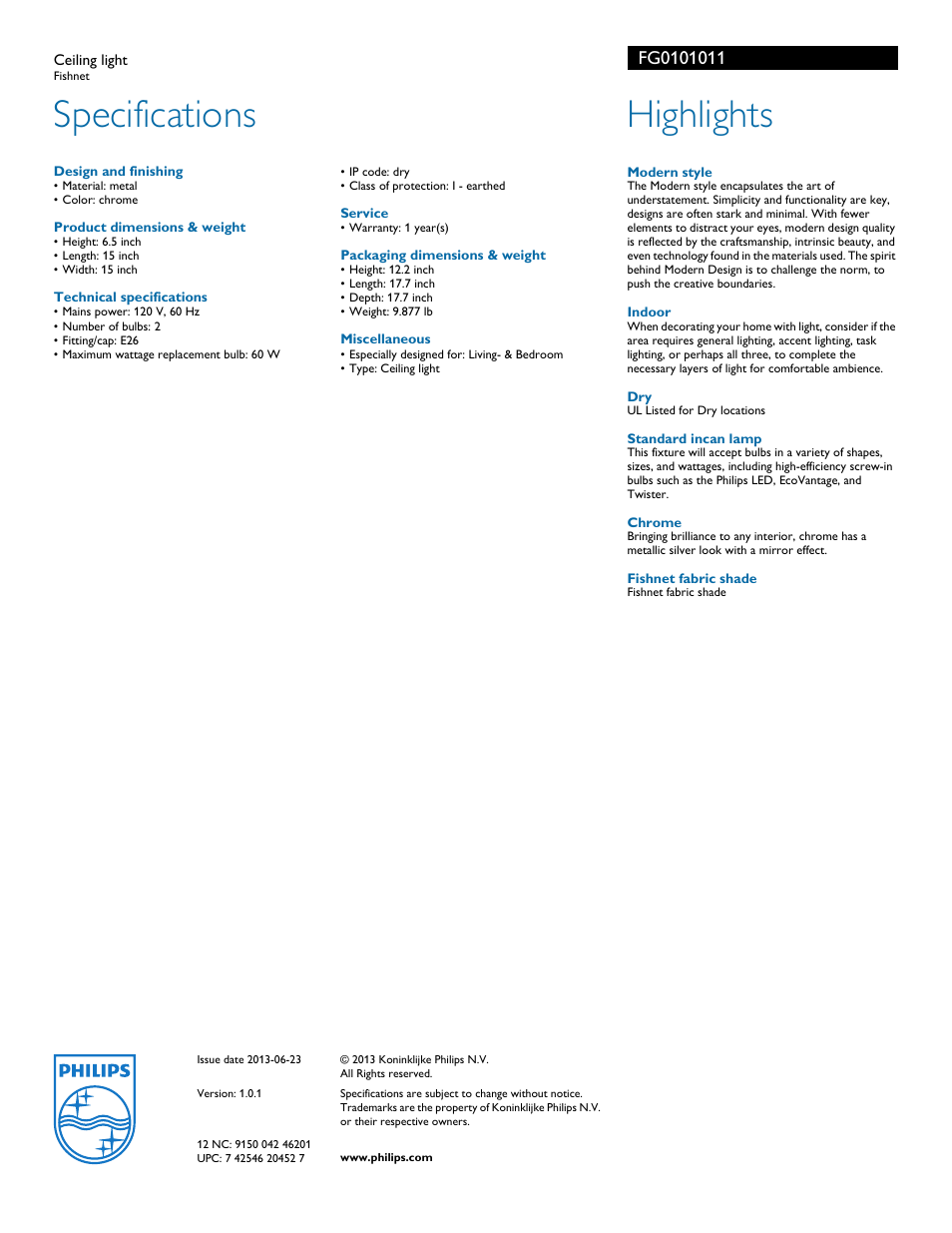 Specifications, Highlights | Philips FG0101011 User Manual | Page 2 / 2