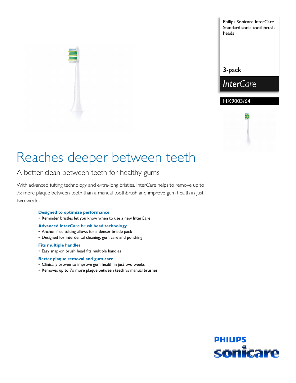 Philips Sonicare InterCare Standard sonic toothbrush heads InterCare HX9003-64 3-pack User Manual | 2 pages