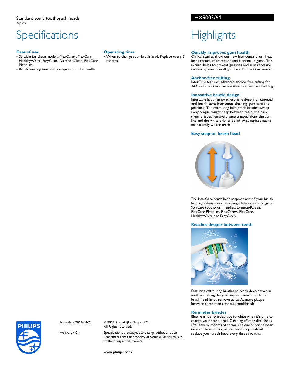 Specifications, Highlights | Philips Sonicare InterCare Standard sonic toothbrush heads InterCare HX9003-64 3-pack User Manual | Page 2 / 2