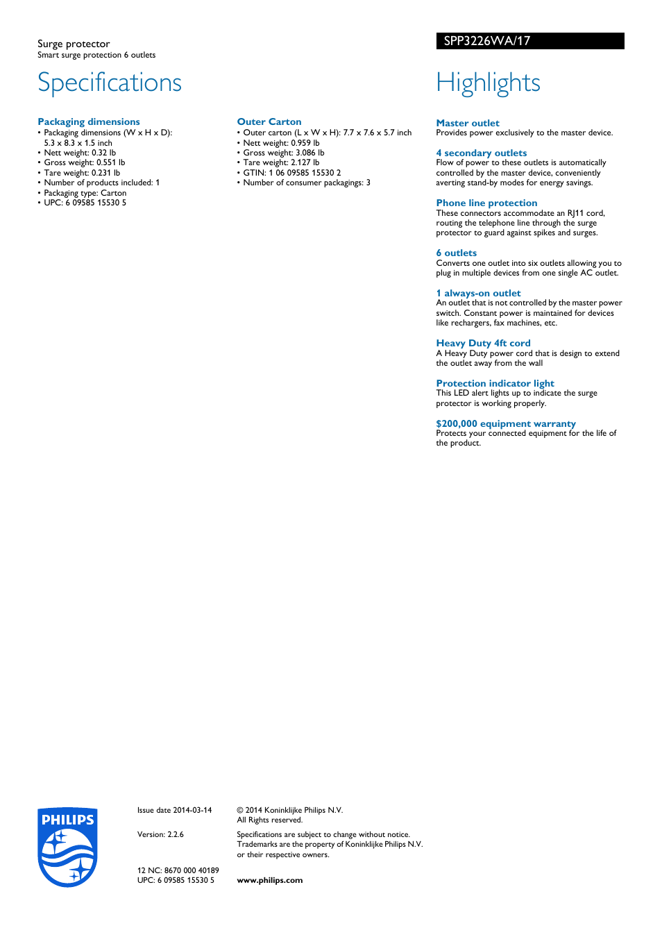 Specifications, Highlights | Philips SPP3226WA-17 User Manual | Page 2 / 2