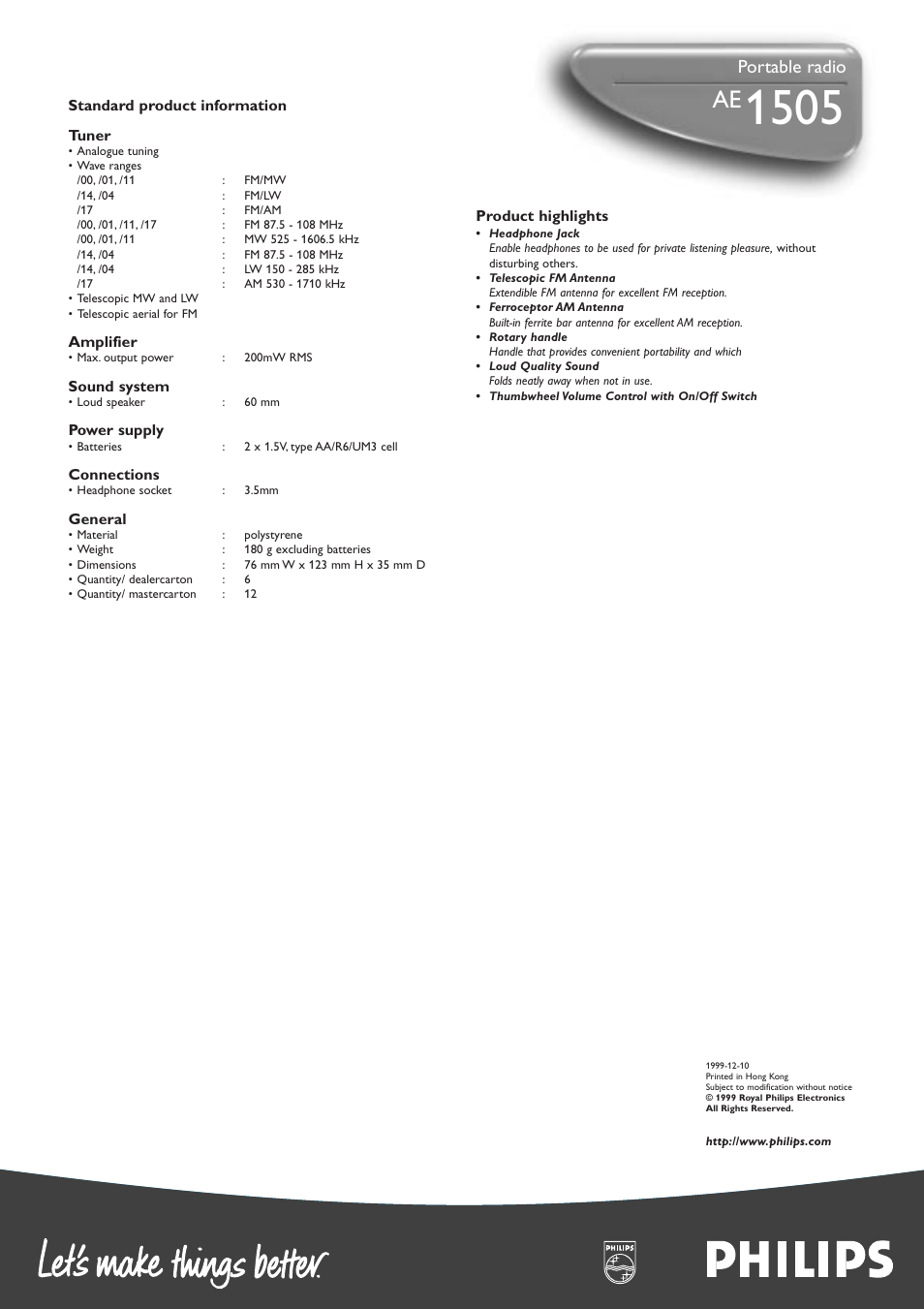 Portable radio | Philips AE1505-17 User Manual | Page 2 / 2