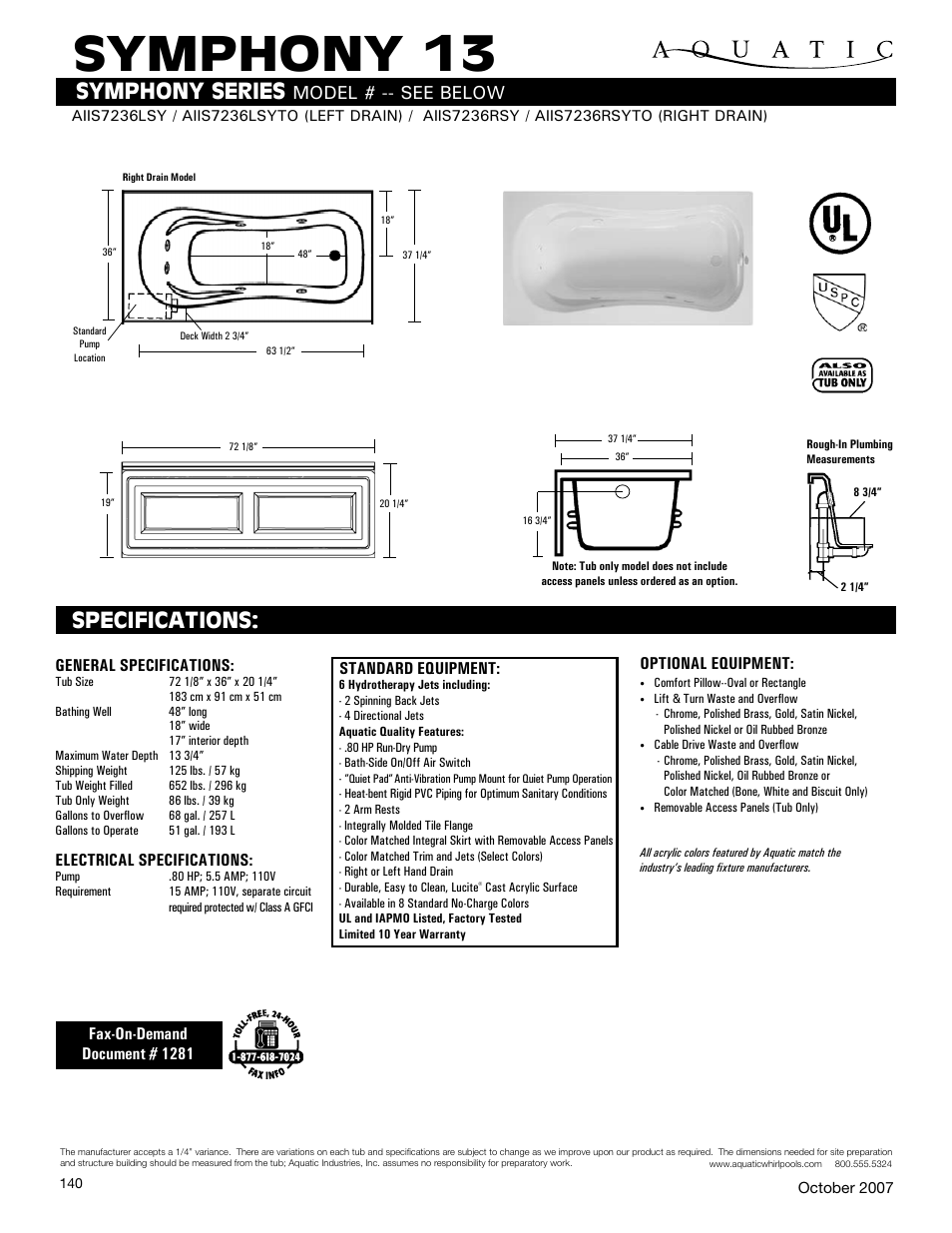 Aquatic SYMPHONY 13 AIIS7236RSY User Manual | 1 page