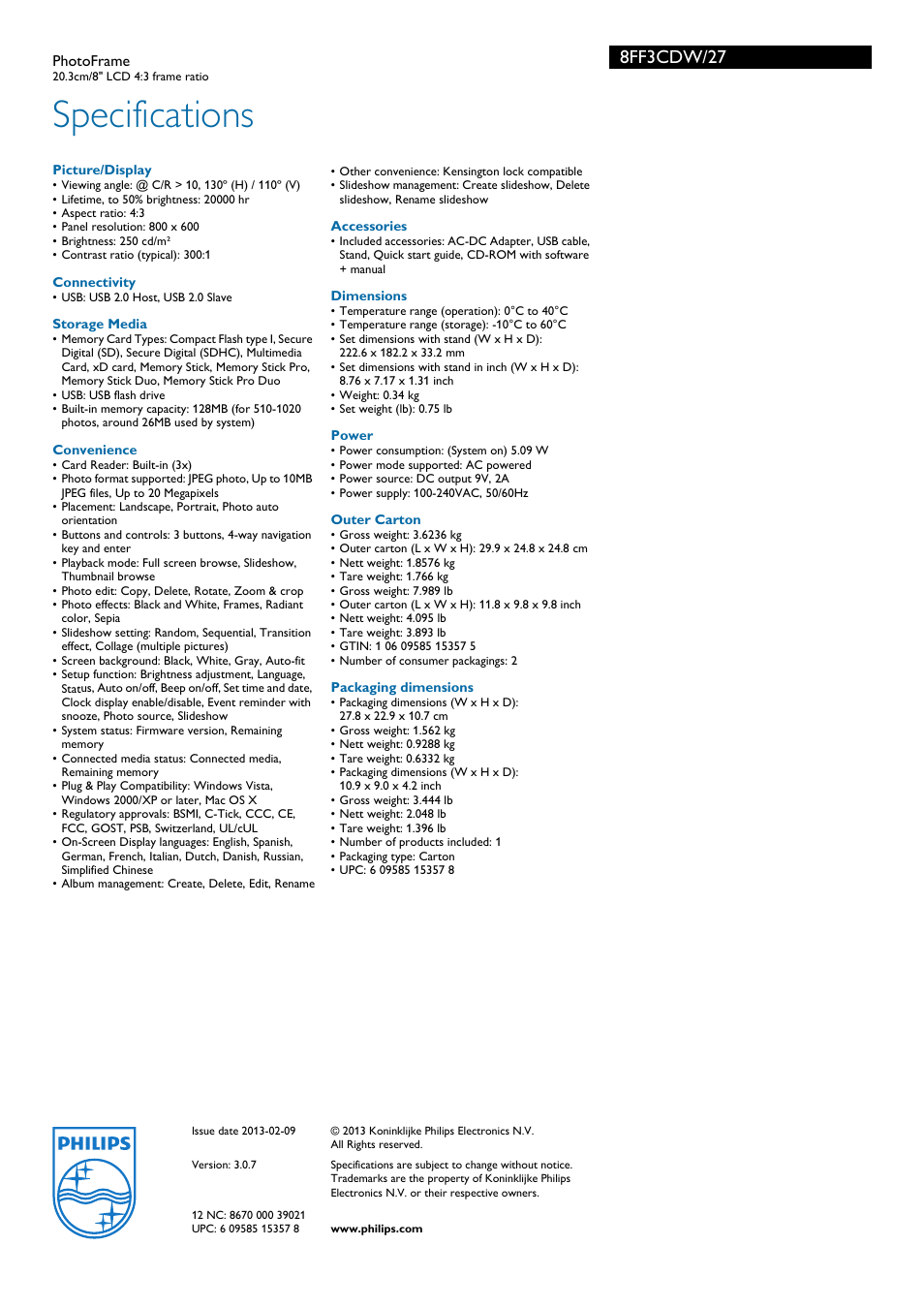 Specifications, 8ff3cdw/27 | Philips 8FF3CDW-27 User Manual | Page 3 / 3