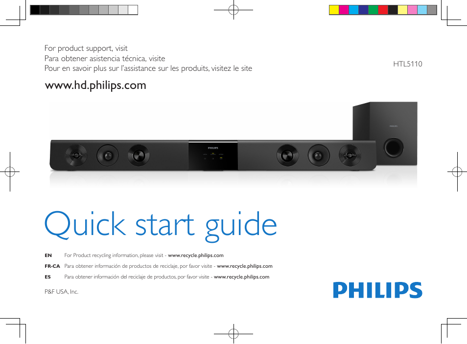 Philips Soundbar speaker HTL5110 Virtual surround Wireless subwoofer Opt Coax Aux in Audio in Bluetooth® User Manual | 16 pages