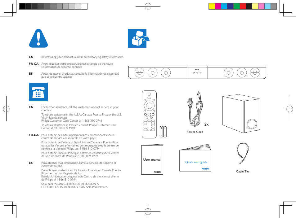 Philips Soundbar speaker HTL5110 Virtual surround Wireless subwoofer Opt Coax Aux in Audio in Bluetooth® User Manual | Page 2 / 16