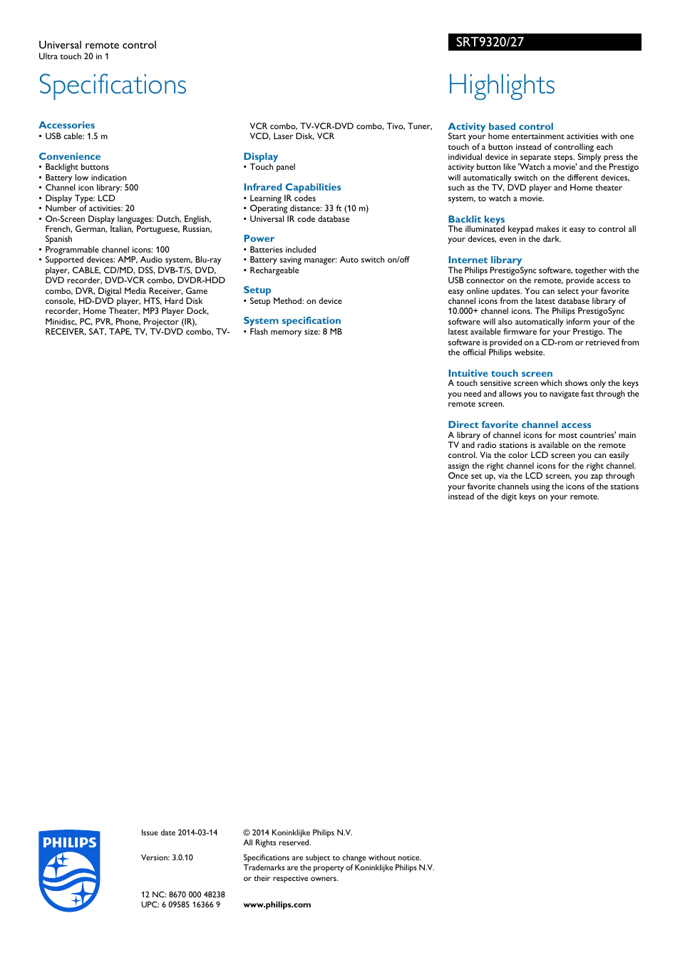 Specifications, Highlights | Philips SRT9320-27 User Manual | Page 2 / 2