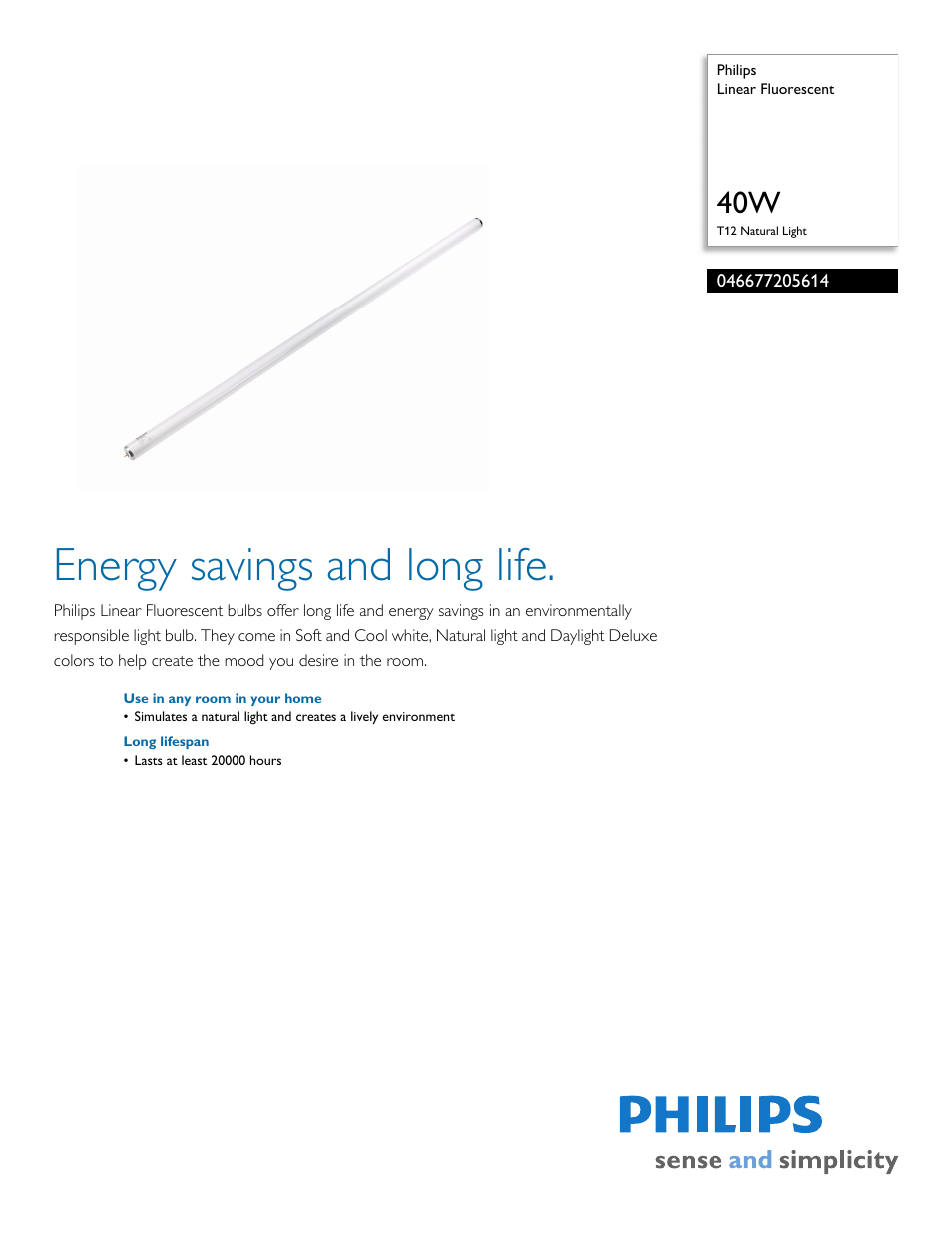 Philips Linear Fluorescent 046677205614 40W T12 Natural Light User Manual | 2 pages