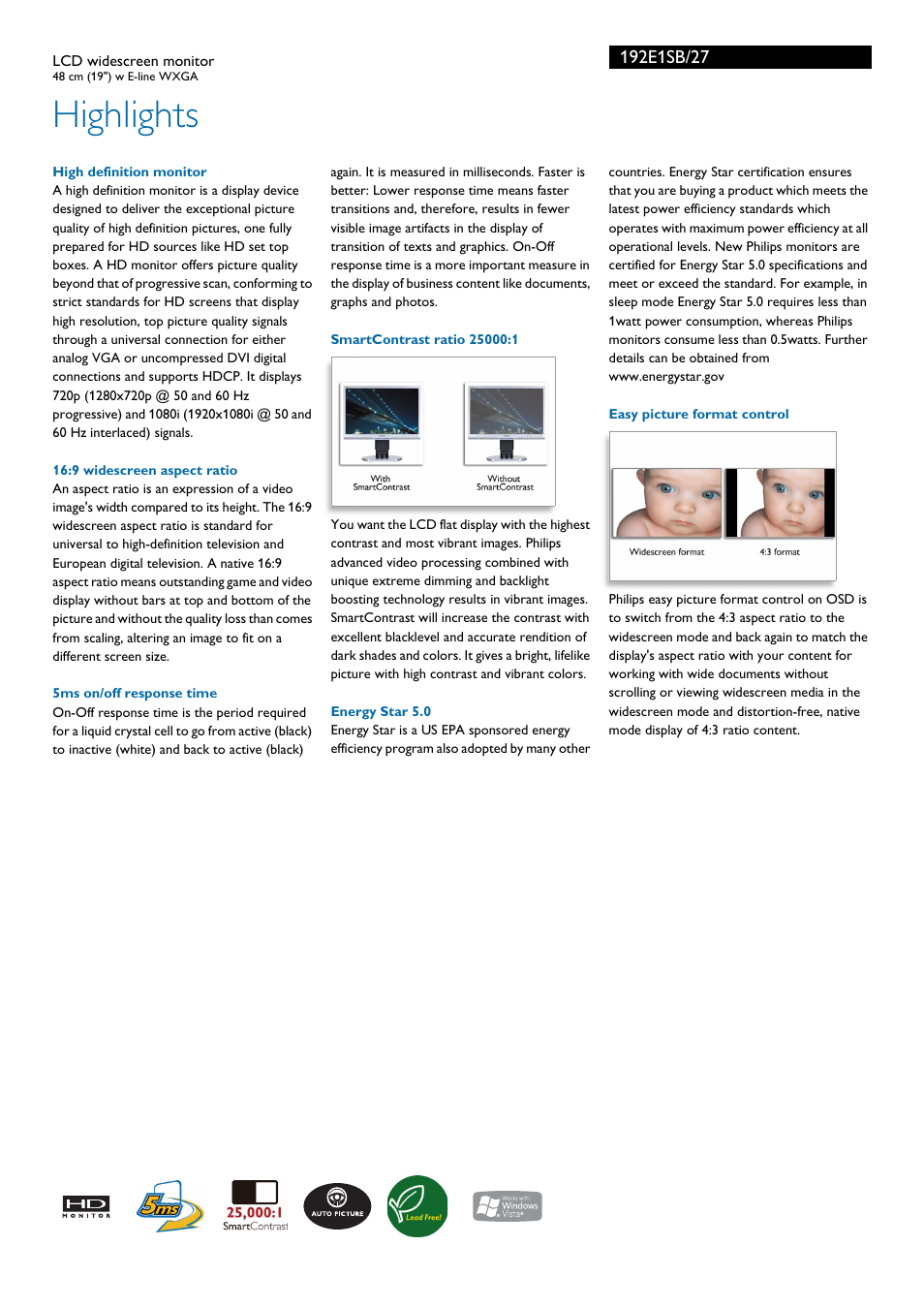 Highlights | Philips 192E1SB-27 User Manual | Page 2 / 3