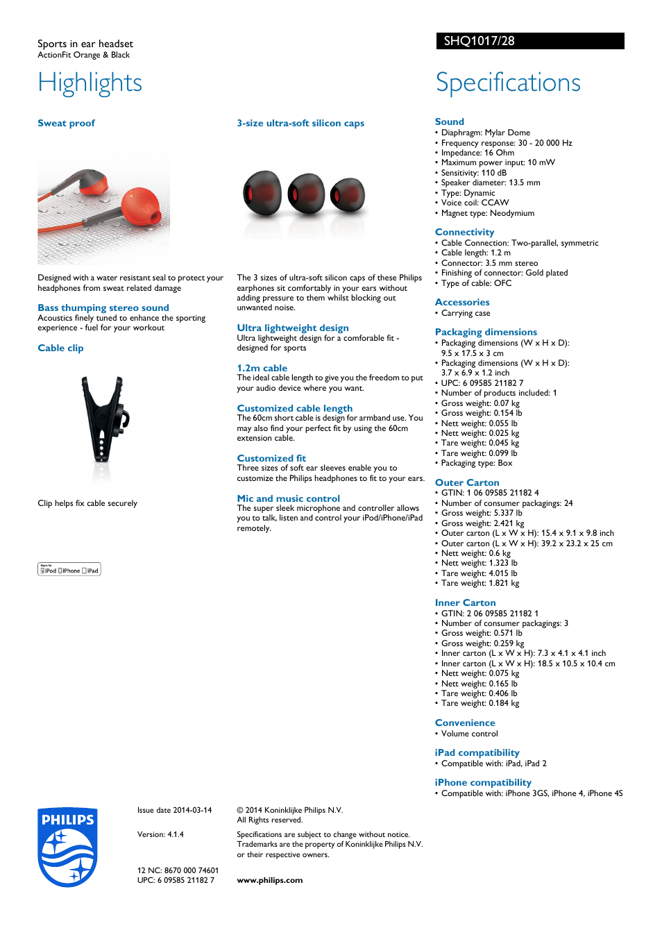 Highlights, Specifications | Philips SHQ1017-28 User Manual | Page 2 / 2