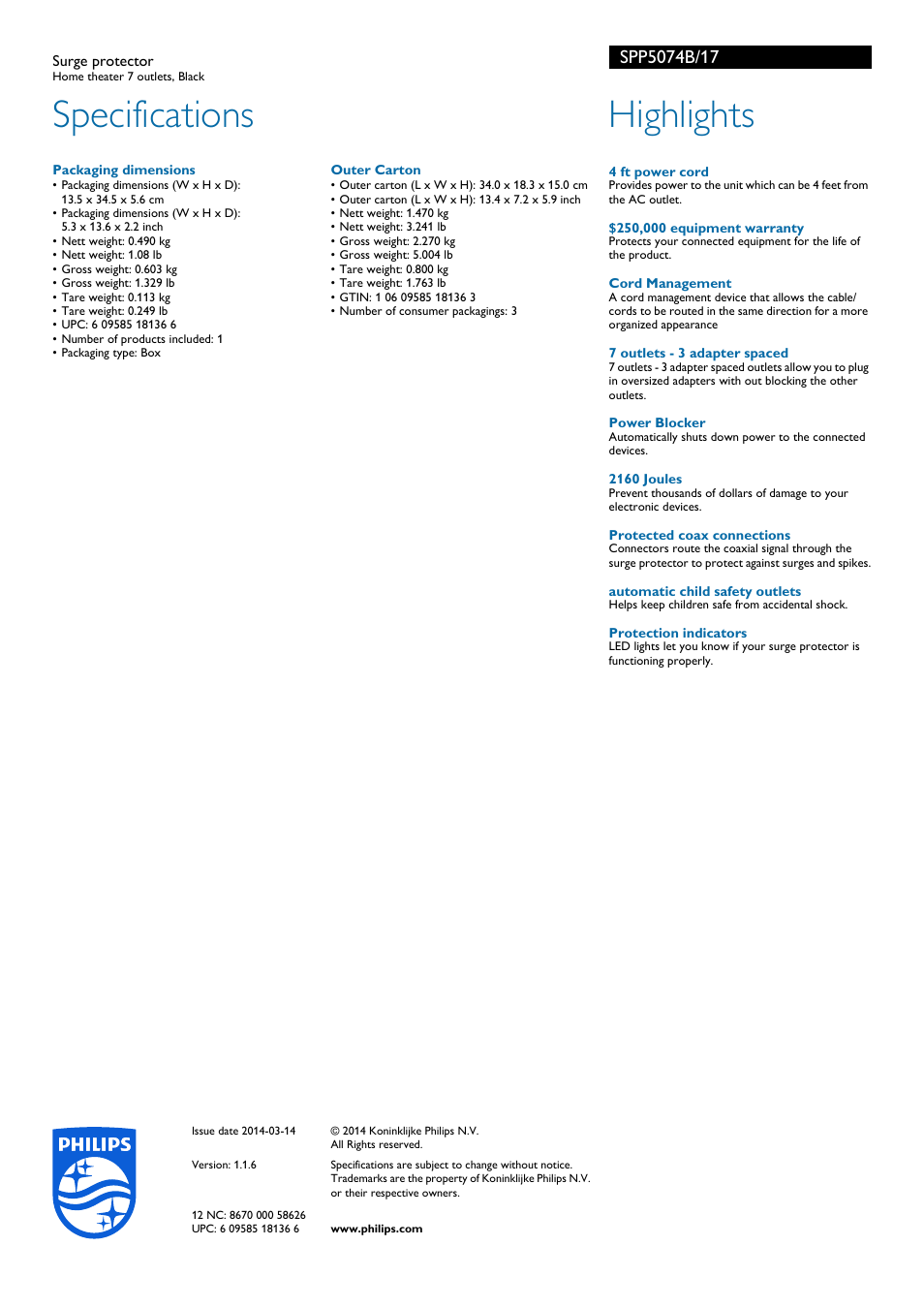 Specifications, Highlights | Philips SPP5074B-17 User Manual | Page 2 / 2