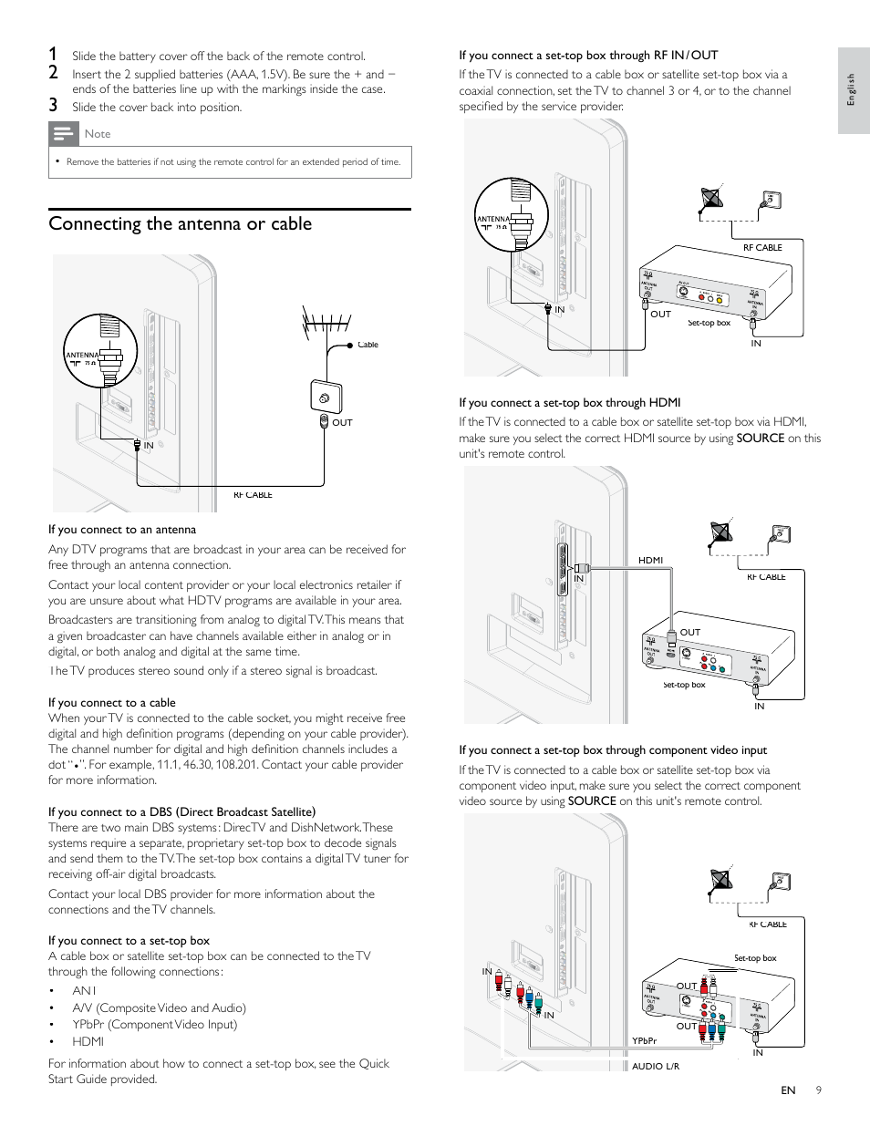 Connecting the antenna or cable | Philips 40PFL7705D-F7 User Manual | Page 10 / 48