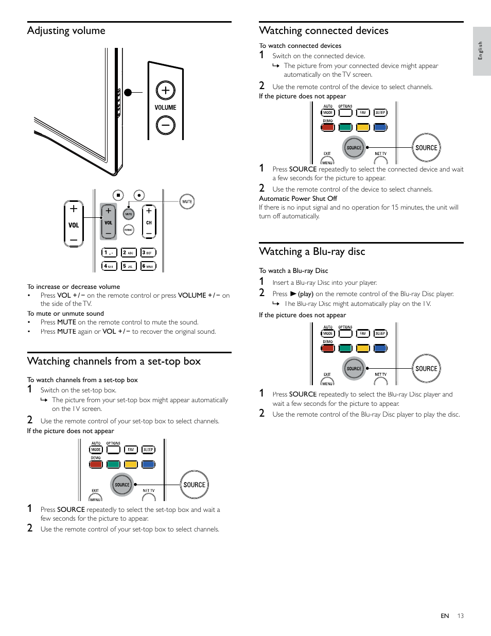 Adjusting volume, Watching channels from a set-top box, Watching connected devices | Watching a blu-ray disc | Philips 40PFL7705D-F7 User Manual | Page 14 / 48