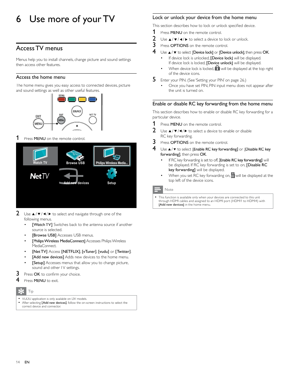 6 use more of your tv, Access tv menus | Philips 40PFL7705D-F7 User Manual | Page 15 / 48