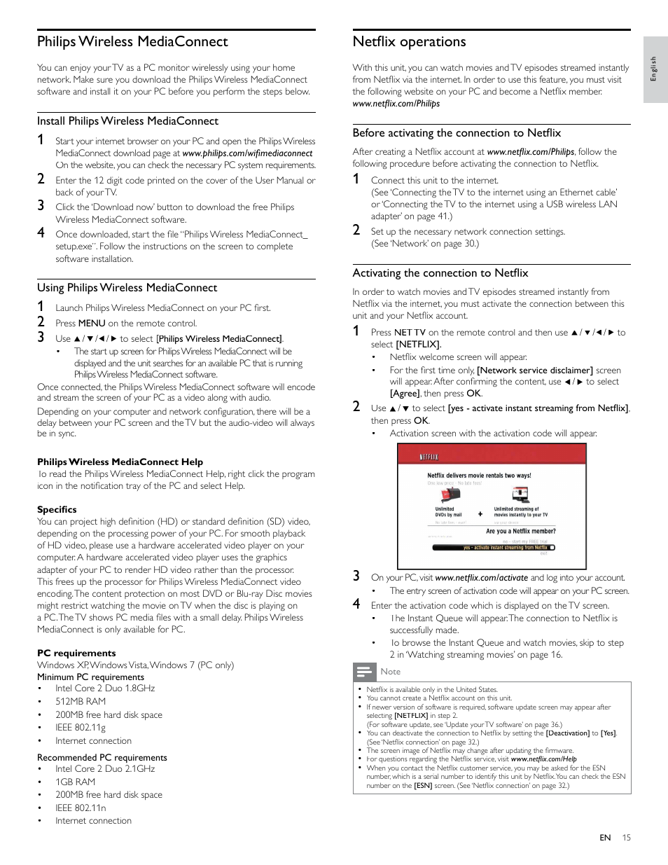 Philips wireless mediaconnect, Netfl ix operations | Philips 40PFL7705D-F7 User Manual | Page 16 / 48