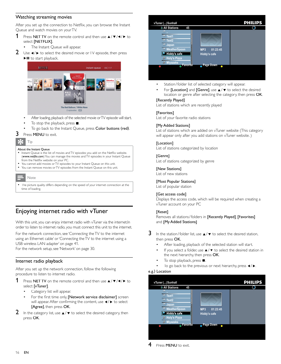 Enjoying internet radio with vtuner, Watching streaming movies, Internet radio playback | Philips 40PFL7705D-F7 User Manual | Page 17 / 48