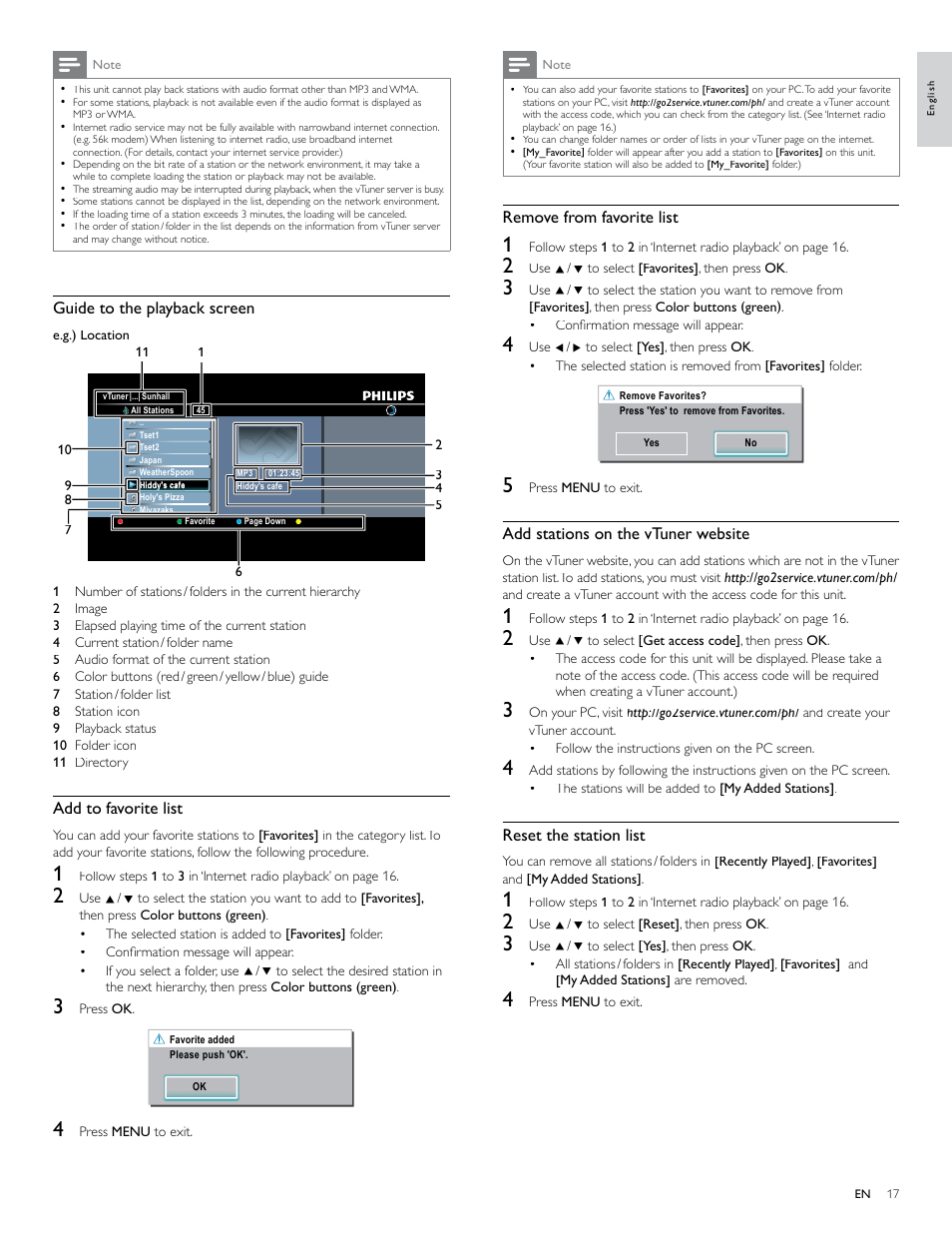 Remove from favorite list, Add stations on the vtuner website, Reset the station list | Guide to the playback screen, Add to favorite list | Philips 40PFL7705D-F7 User Manual | Page 18 / 48