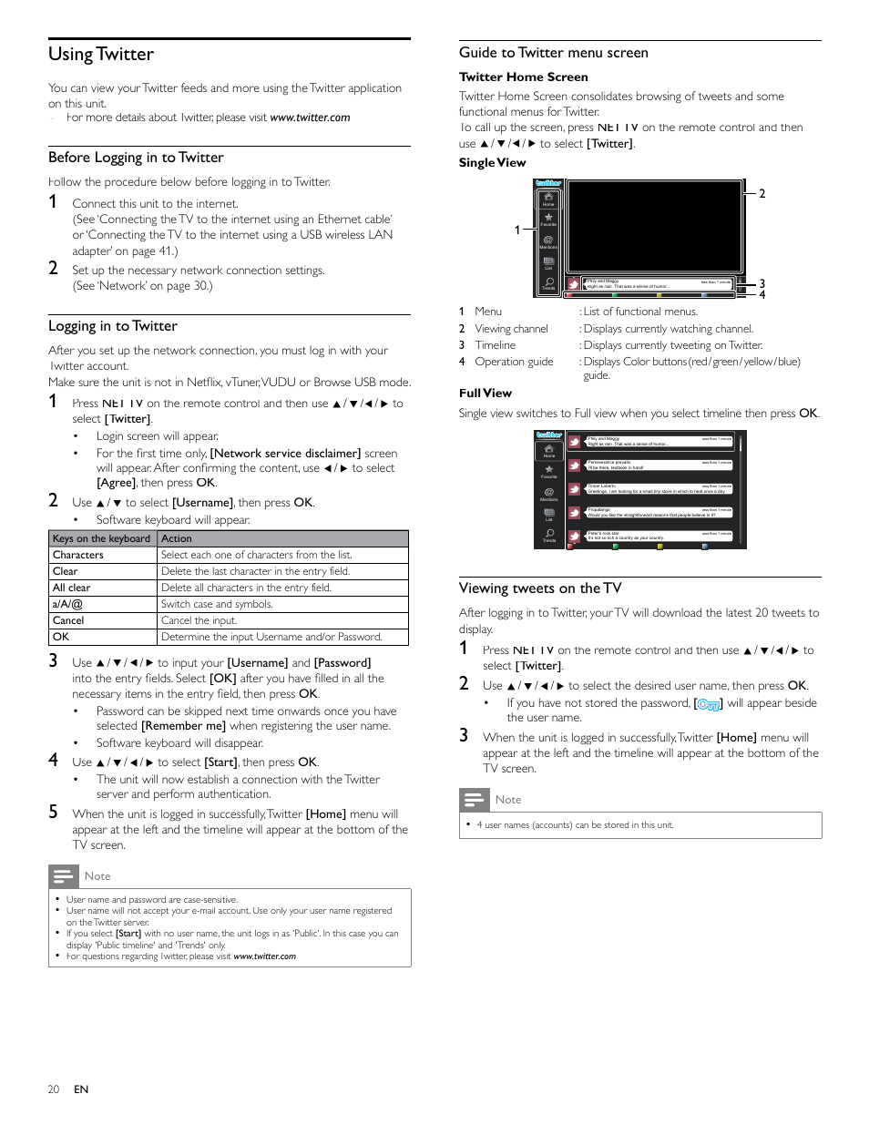 Using twitter, Guide to twitter menu screen, Viewing tweets on the tv | Before logging in to twitter, Logging in to twitter | Philips 40PFL7705D-F7 User Manual | Page 21 / 48