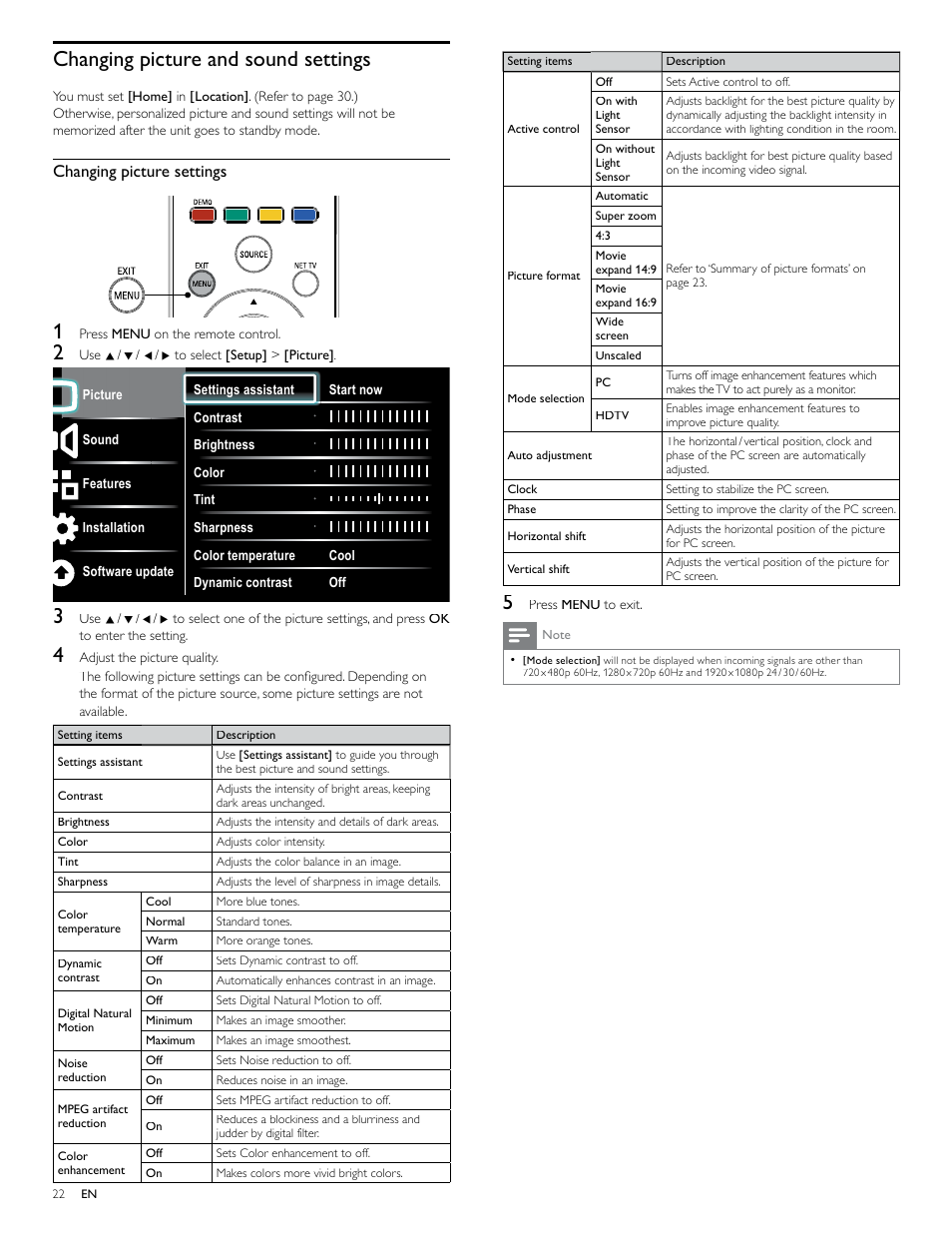 Changing picture and sound settings, Changing picture settings | Philips 40PFL7705D-F7 User Manual | Page 23 / 48