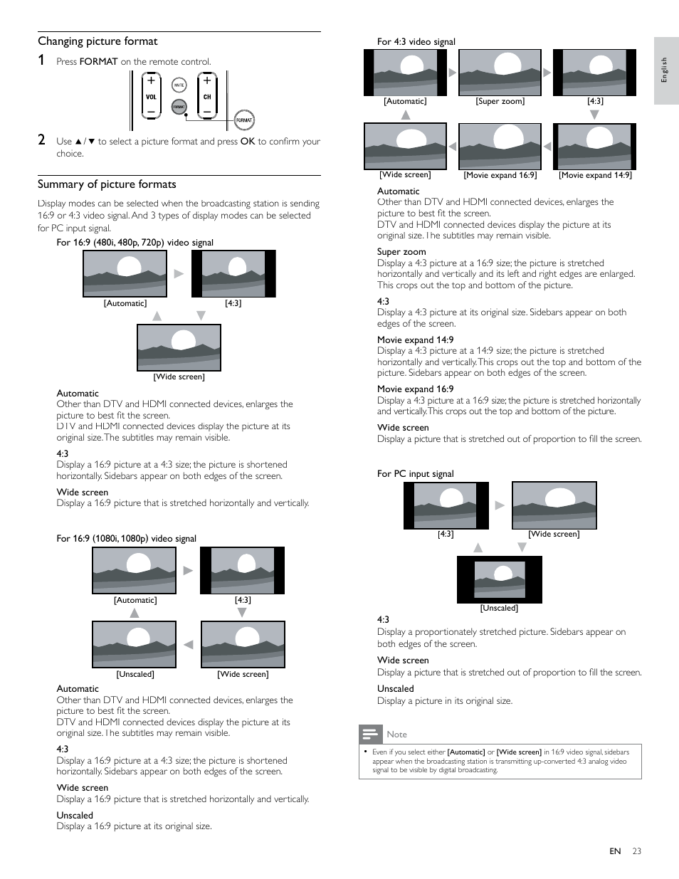 Changing picture format, Summary of picture formats | Philips 40PFL7705D-F7 User Manual | Page 24 / 48