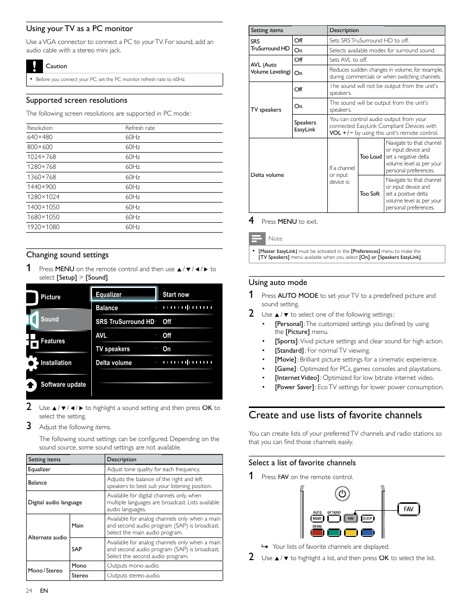 Create and use lists of favorite channels, Using auto mode, Select a list of favorite channels | Using your tv as a pc monitor, Supported screen resolutions, Changing sound settings | Philips 40PFL7705D-F7 User Manual | Page 25 / 48