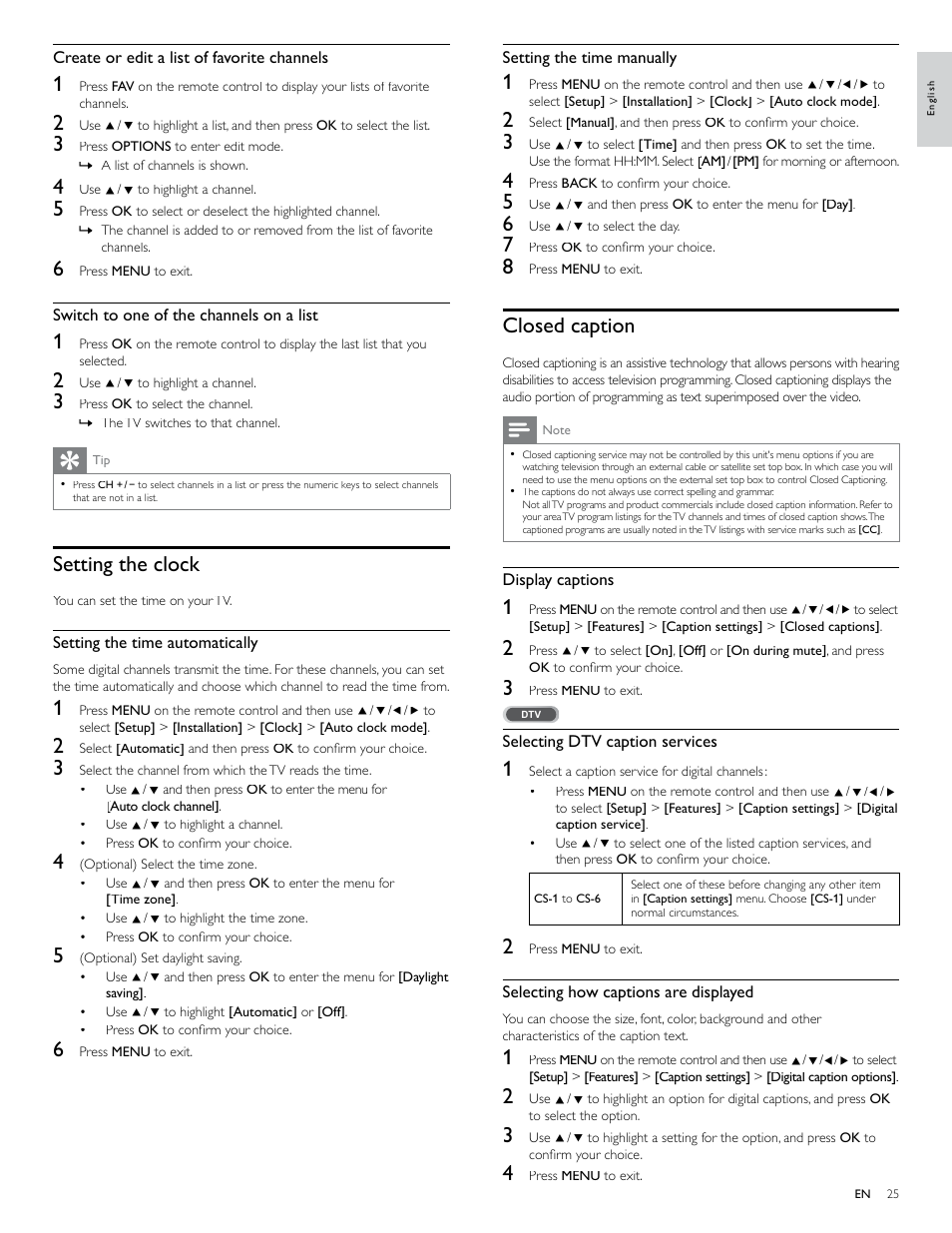 Setting the clock, Closed caption | Philips 40PFL7705D-F7 User Manual | Page 26 / 48