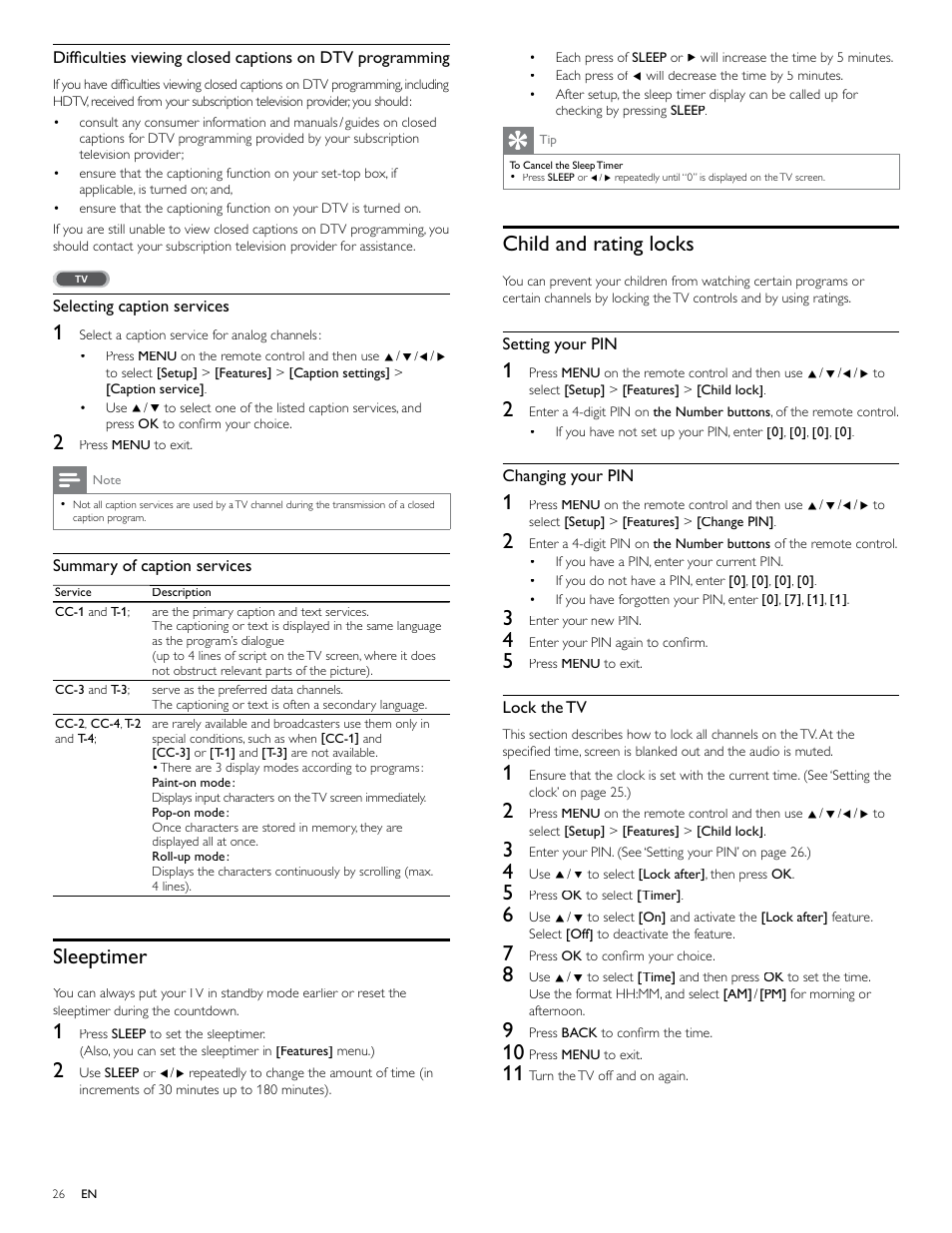 Sleeptimer, Child and rating locks | Philips 40PFL7705D-F7 User Manual | Page 27 / 48