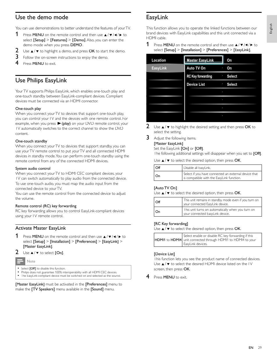 Use the demo mode, Use philips easylink, Easylink | Philips 40PFL7705D-F7 User Manual | Page 30 / 48