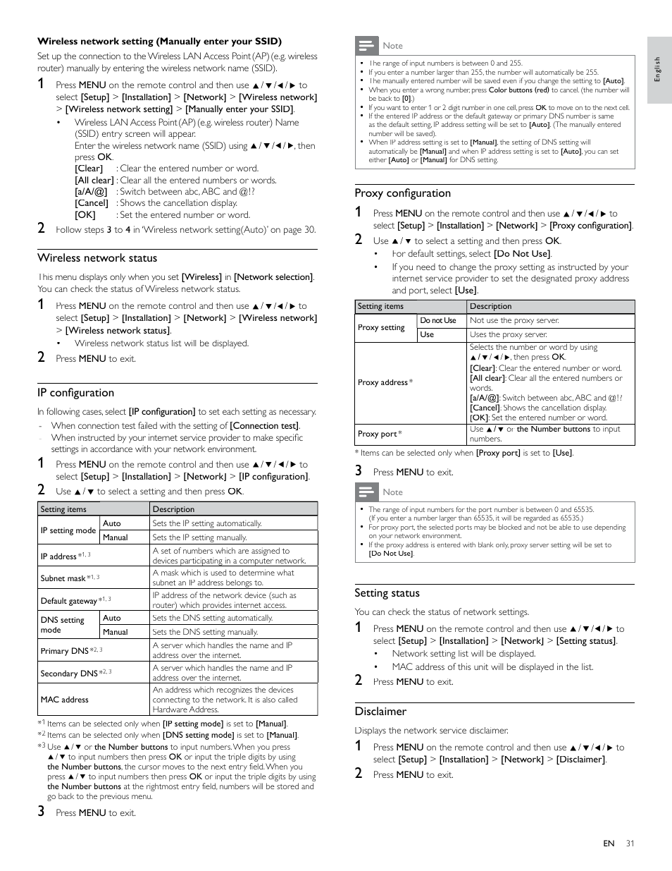 Proxy confi guration, Setting status, Disclaimer | Wireless network status, Ip confi guration | Philips 40PFL7705D-F7 User Manual | Page 32 / 48