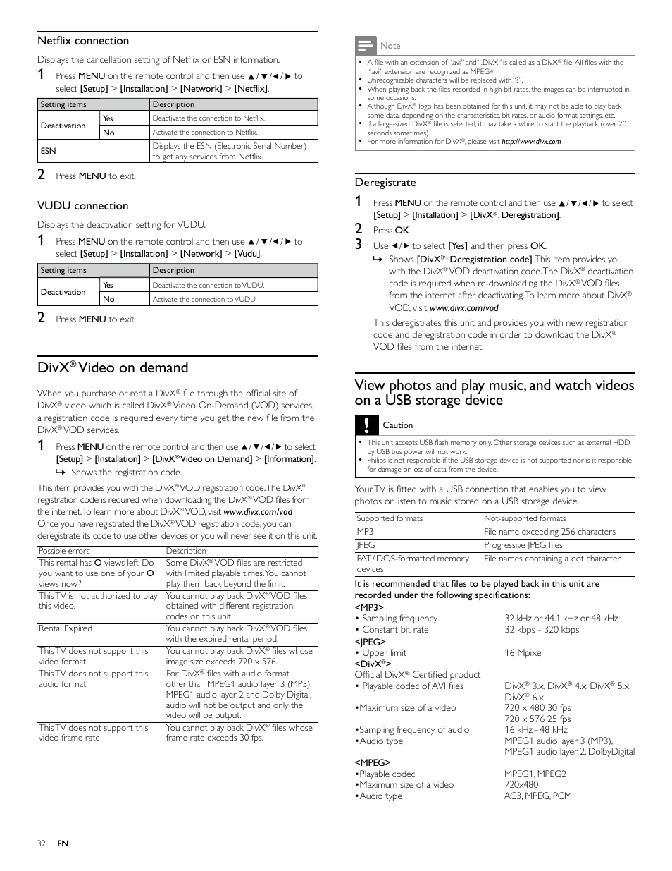 Divx® video on demand, Divx, Video on demand | Deregistrate, Netfl ix connection, Vudu connection | Philips 40PFL7705D-F7 User Manual | Page 33 / 48