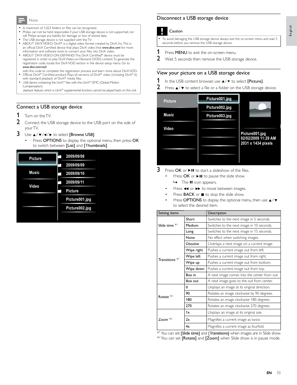 Disconnect a usb storage device, View your picture on a usb storage device, Connect a usb storage device | Philips 40PFL7705D-F7 User Manual | Page 34 / 48