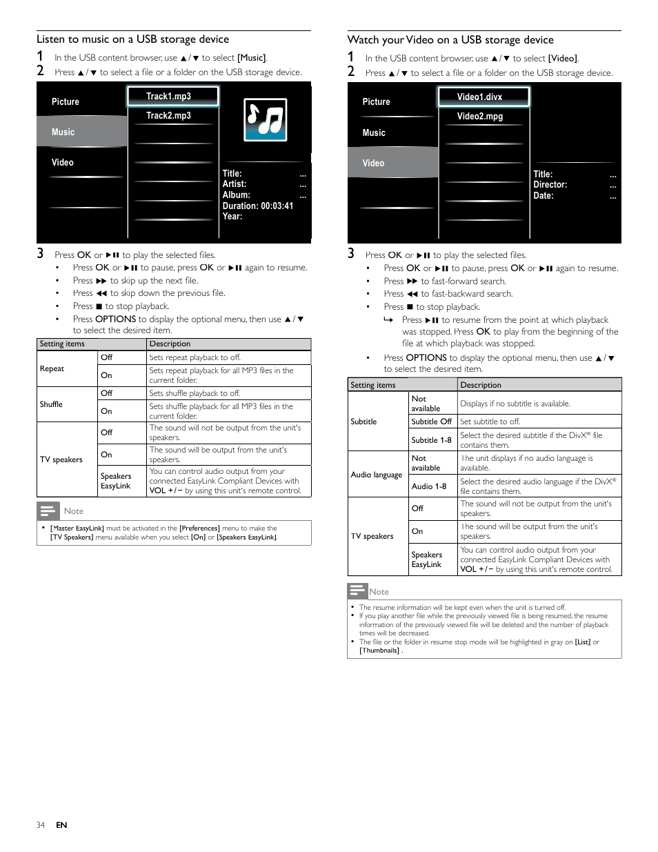 Watch your video on a usb storage device, Listen to music on a usb storage device | Philips 40PFL7705D-F7 User Manual | Page 35 / 48