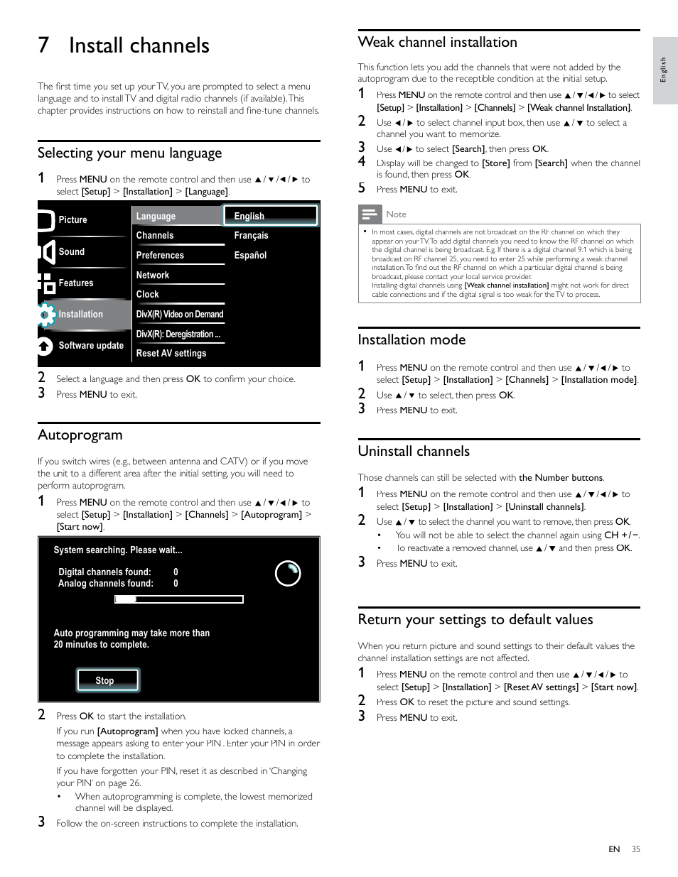 7 install channels, Selecting your menu language, Autoprogram | Weak channel installation, Installation mode, Uninstall channels, Return your settings to default values, Installation mode 1, Selecting your menu language 1 | Philips 40PFL7705D-F7 User Manual | Page 36 / 48