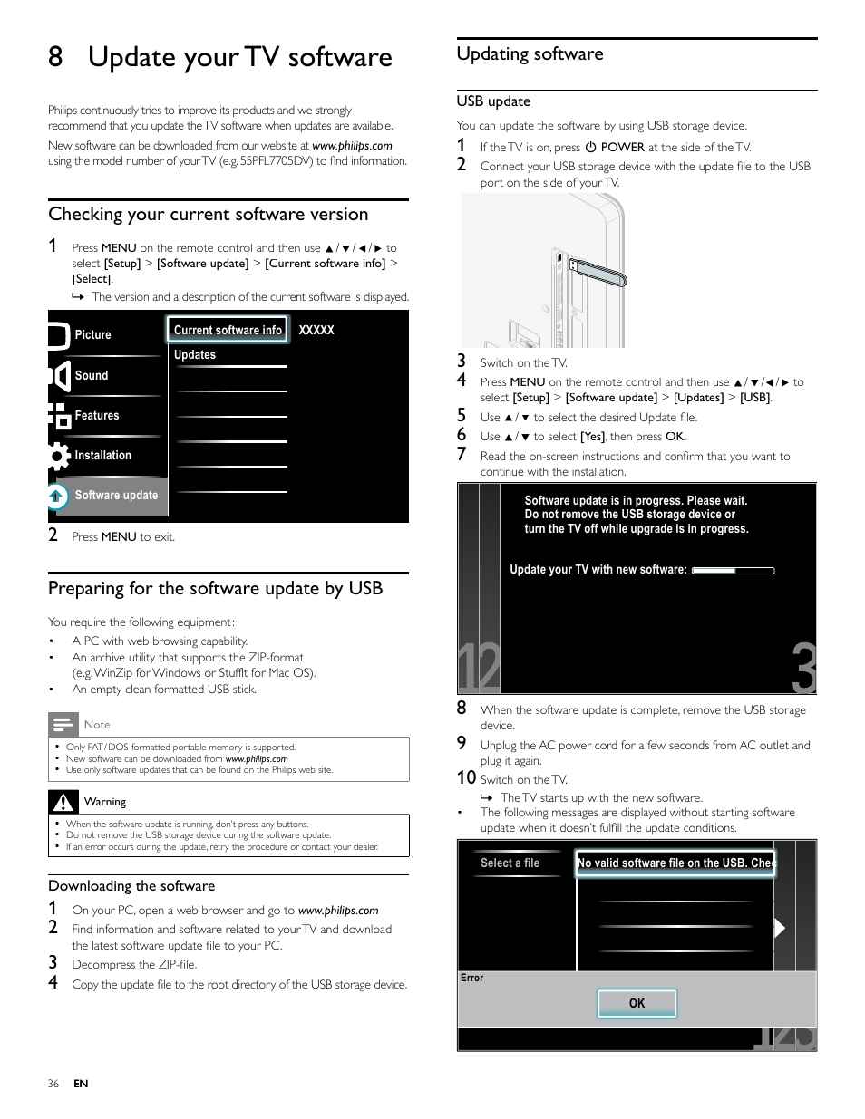 8 update your tv software, Checking your current software version, Preparing for the software update by usb | Updating software, Checking your current software version 1 | Philips 40PFL7705D-F7 User Manual | Page 37 / 48