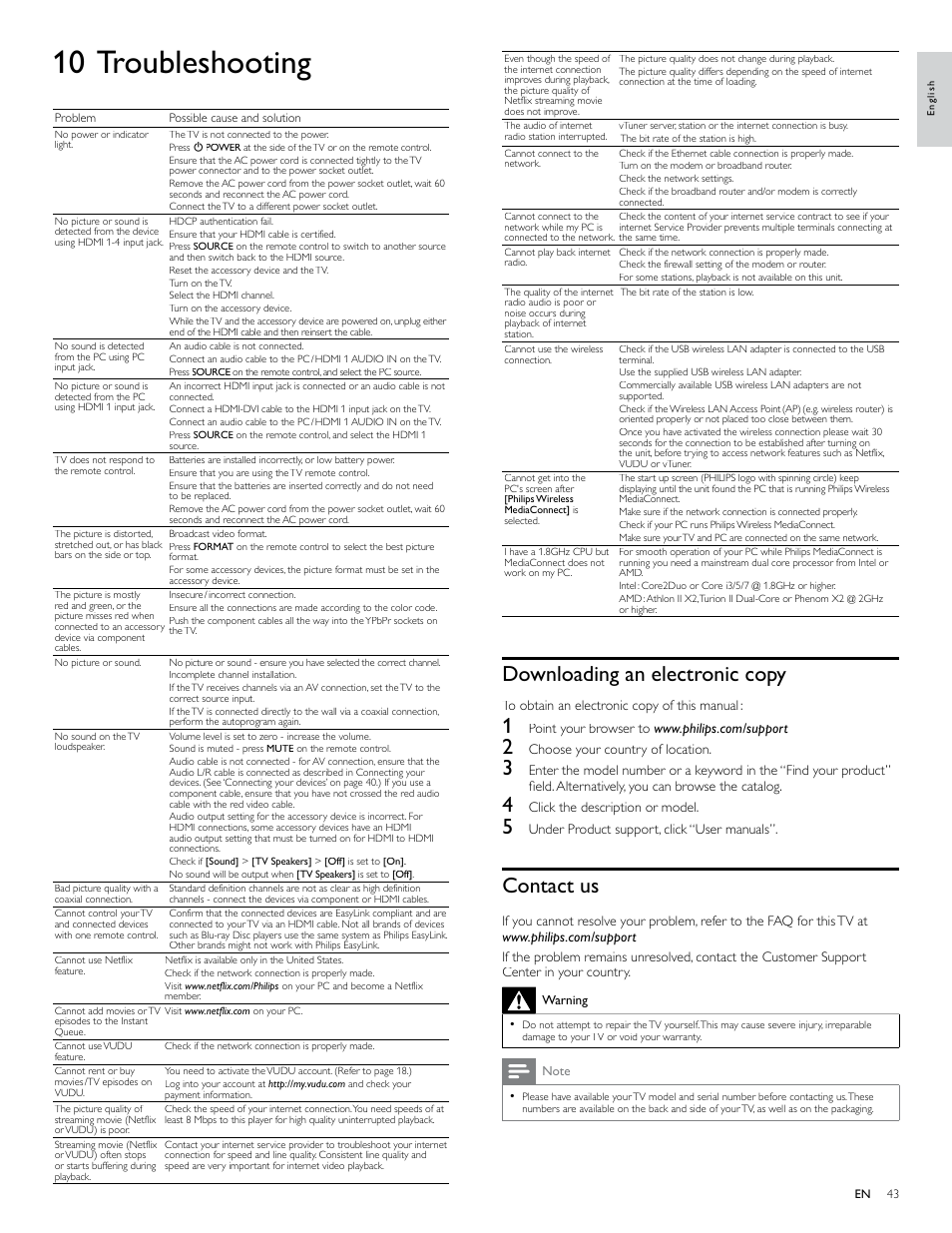 10 troubleshooting, Downloading an electronic copy, Contact us | Philips 40PFL7705D-F7 User Manual | Page 44 / 48