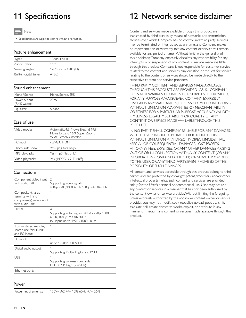 11 specifications, 12 network service disclaimer | Philips 40PFL7705D-F7 User Manual | Page 45 / 48