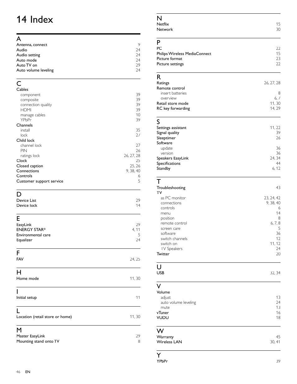 14 index | Philips 40PFL7705D-F7 User Manual | Page 47 / 48